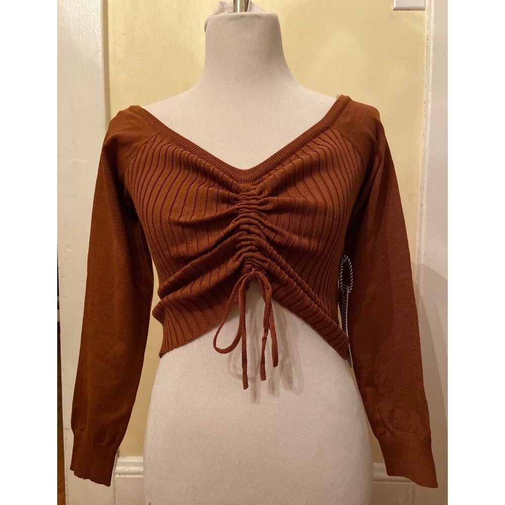 Cinch top adjustable CAMEL brown shirt long sleeves stretchy ribbed womens large